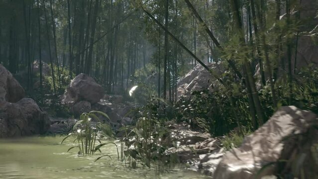 Group of Aliens Walks in a Bamboo Forest Lagoon 3D Rendering Animation Cinematic Scene 4K
