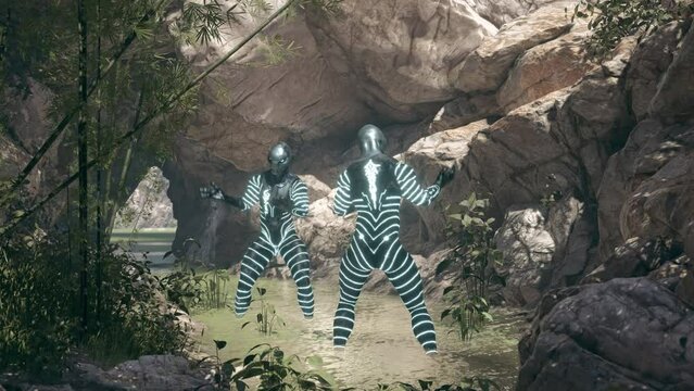 Two Aliens open an Energy Portal Bamboo Forest Lagoon 3D Rendering Animation Cinematic Scene 4K