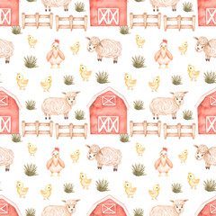 Watercolor farm animals seamless pattern. Hand drawn objects: cute white sheep, chicken, funny hen  and red barn print. Country life for kids textile