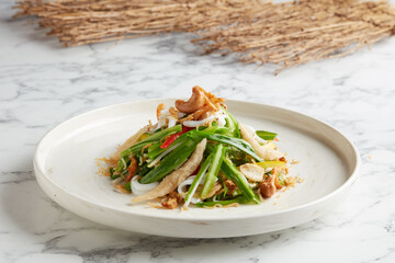 Stir-fried Assorted Vegetable with Chinese Chive served in a dish isolated on grey background