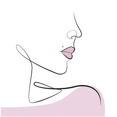 Woman face one line drawing on white isolated background