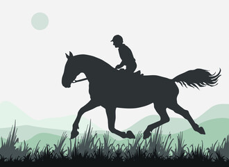 isolated silhouette of a galloping rider against the sky, a rider riding a horse running at a trot