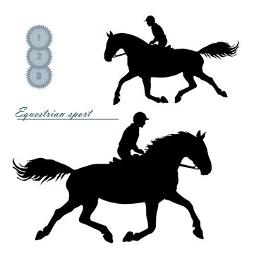 black silhouette of a horse running at a trot, isolated image on a white background