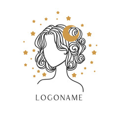 Witch girl with moon, portrait for celebration design. Vector illustration