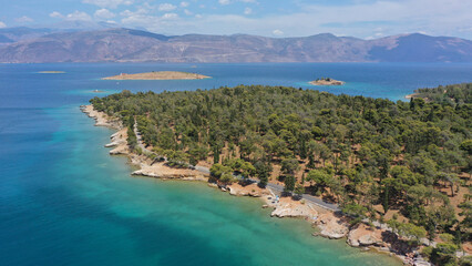 Aerial drone photo of famous seaside area and forest of Kentri in picturesque village and port of Galaxidi, Fokida, Greece