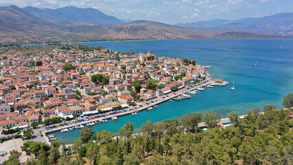 Aerial drone photo from famous and picturesque port of traditional historic village of Galaxidi, Fokida, Greece