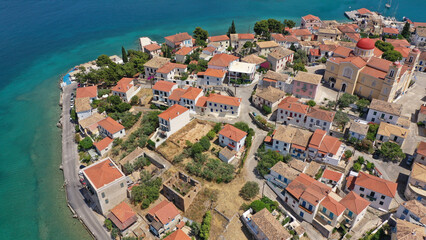 Fototapeta na wymiar Aerial drone photo from famous and picturesque port of traditional historic village of Galaxidi, Fokida, Greece