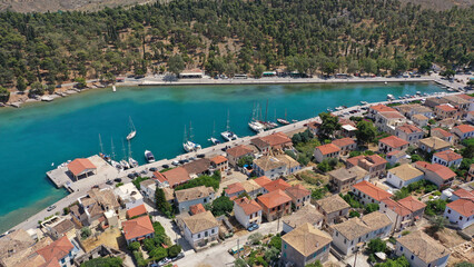 Obraz premium Aerial drone photo from famous and picturesque port of traditional historic village of Galaxidi, Fokida, Greece