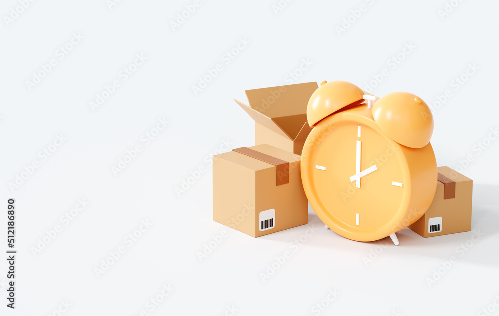 Poster 3d alarm clock with cardboard boxes on white background. fast delivery concept. moving day. goods tr