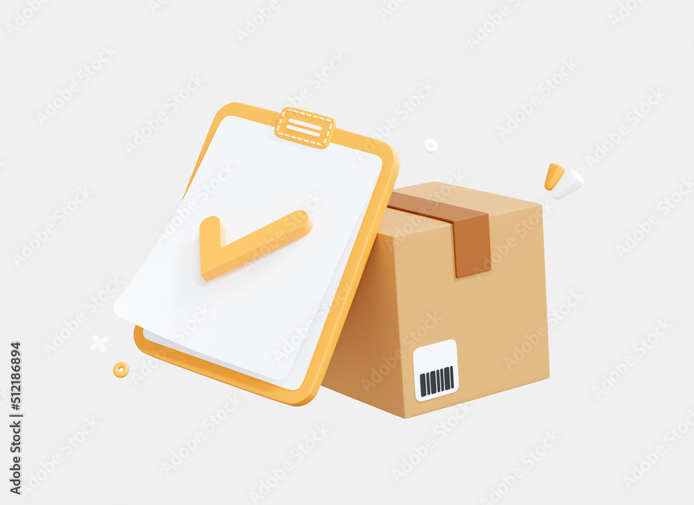 Poster 3d cardboard box and clipboard with tick. confirmed order delivery concept. return parcel to courier
