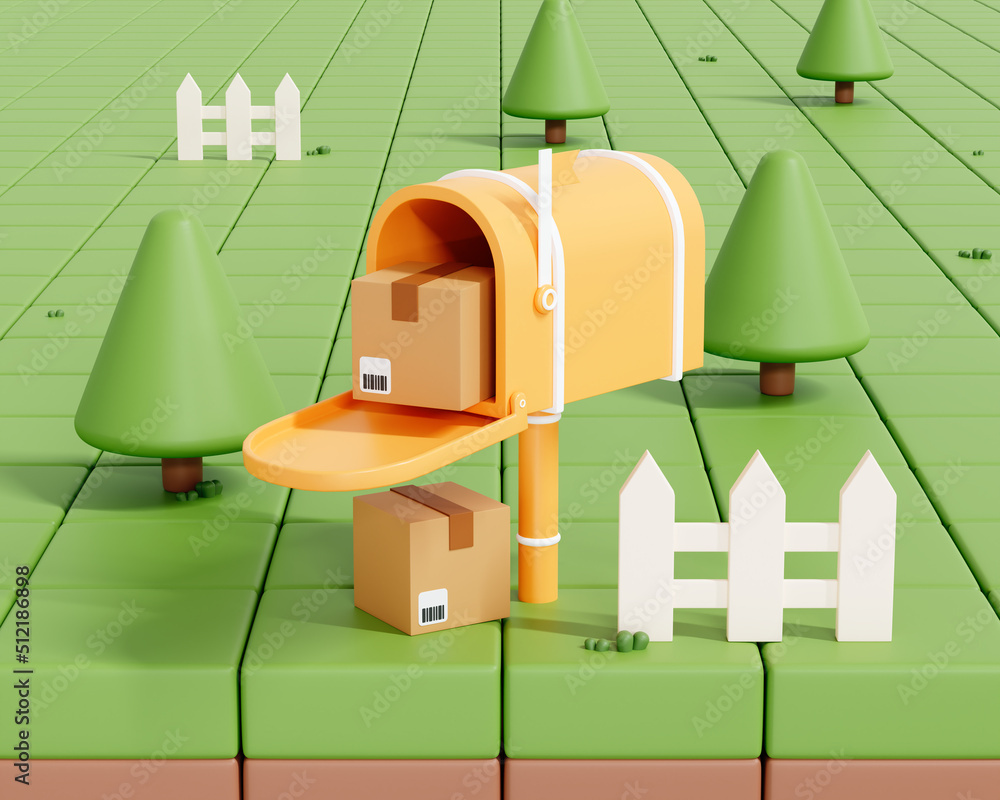 Poster 3d mailbox with cardboard box on cartoon landscape. fast delivery of order to country house concept.