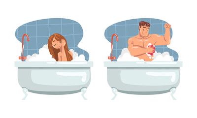 Young Male and Female Bathing in the Bathtub Washing Hair and Body with Shampoo Vector Illustration Set