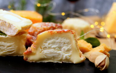 cheese board cheeses fresh goat sheep cheese, soft cheese meal food snack on wooden board selective focus