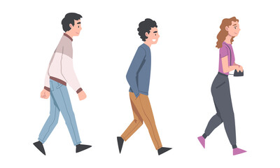 Fototapeta premium Walking Man and Woman Character Taking Steps Forward Side View Vector Illustration Set