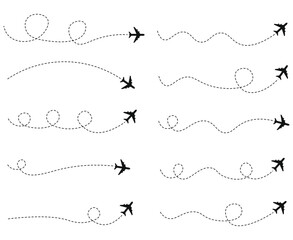 Set of dashed line airplane route