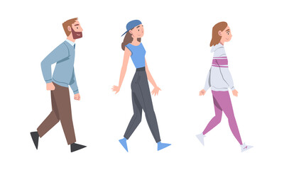 Obraz premium Walking Man and Woman Character Taking Steps Forward Side View Vector Illustration Set
