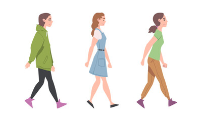Fototapeta premium Walking Woman Character Taking Steps Forward Side View Vector Illustration Set
