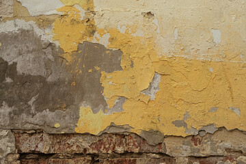 Peeling paint of grey-yellow color cement wall. abstract dirty stone wall texture background with cracks. template for design