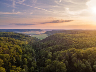 Naklejka na ściany i meble Luftaufnahme Wald, Wanderweg und Hügel im Sommer (Drohne)