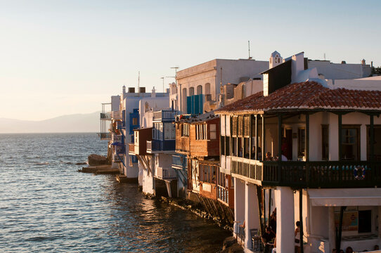 Buildings at the waterfront, Little Venice, Mykonos Town, Mykonos, Cyclades Islands, Greece