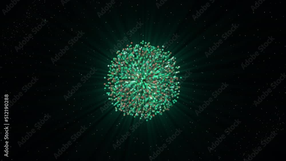 Poster colorful explosion of particles forming bright object. motion. cosmic explosion of colorful dense pa