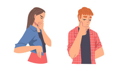 Thoughtful Man and Woman Character Scratching Head Thinking and Considering Something Vector Set