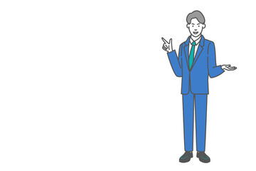 プレゼンするビジネスマンの全身の線画ベクターイラスト
