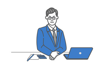 メガネをかけ仕事机に座る教授風の線画ベクターイラスト