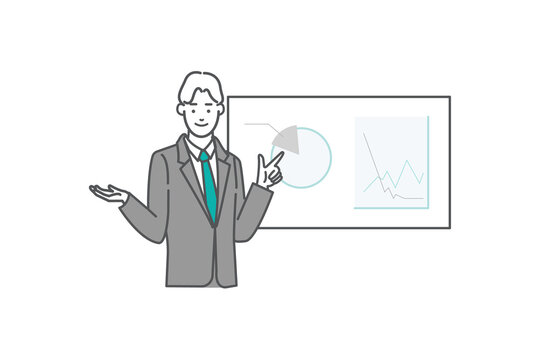 recommend clip art: ホワイトボードの前でプレゼンするビジネスマンの上半身のの線画ベクターイラスト