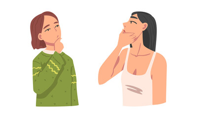 Thoughtful Woman Character Scratching Head Thinking and Considering Something Vector Set