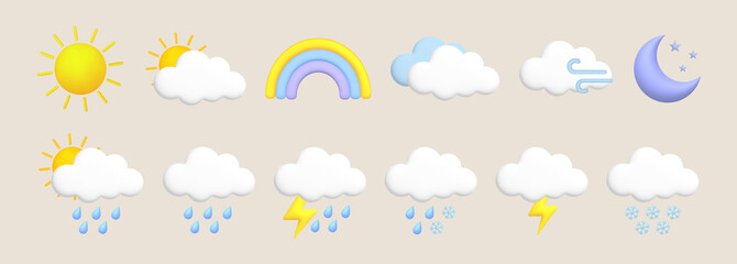 Sun, moon, rainbow, lightning, cloud, rain, snow, wind, thunderstorm. Cute 3d cartoon weather icons set. - obrazy, fototapety, plakaty