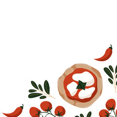 Italian pizza concept design template background for menu. Pizza Margherita with tomatoes and mozzarella isolated on the white background. Vector illustration. Italian cuisine