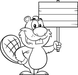 Outlined Cute Beaver Cartoon Mascot Character Holding Up A Wooden Sign. Vector Hand Drawn Illustration Isolated On White Background