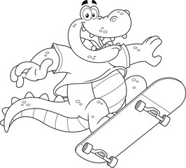 Outlined Happy Alligator Or Crocodile Cartoon Character Jumping With Skateboard. Vector Hand Drawn Illustration Isolated On White Background