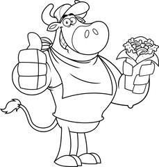 Outlined Funny Bull Cartoon Character Giving The Thumbs Up And Holding A Burrito. Vector Hand Drawn Illustration Isolated On White Background
