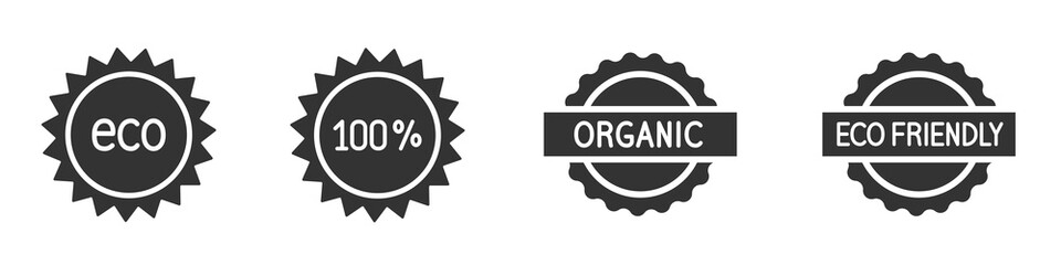 Eco and organic label. 100% quality. Vector black isolated icons on white background.