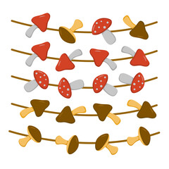 a set of mushrooms (red and brown) on a string in a flat style. Vector image.