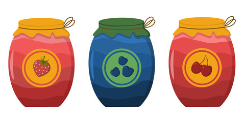 A set of jam jars with strawberries, blueberries and cherries in a flat style. reverse image.