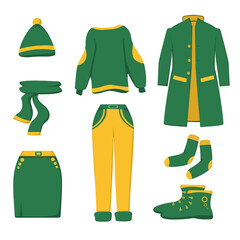 Autumn set of clothes in green-yellow color in flat style. Vector image.