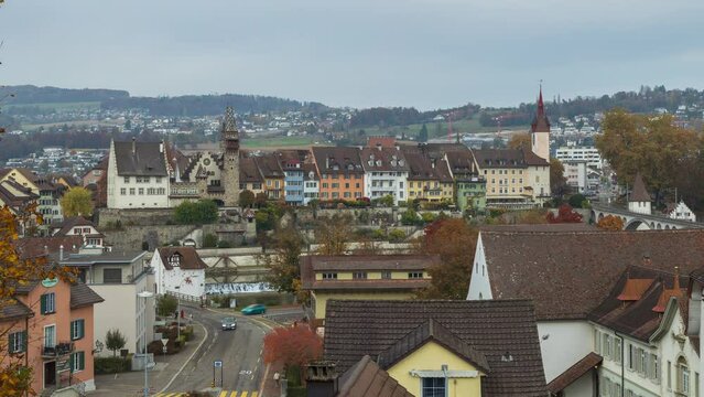 Time lapse, view on medieval european town. World heritage. Bremgarten, Canton Aargau