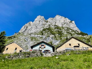 Fototapeta na wymiar Saxer Unter Alp with Kreuzberge, Chruezberg, in the background. Alpstein, Appenzell, Switzerland.