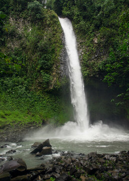 Waterfall falling from cliff in jungle