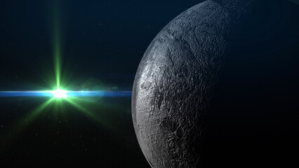 Fototapeta na wymiar 3D Rendering Haumea Planet in Deep Space with Epic Sun