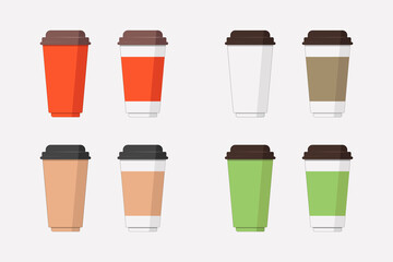 Set of multicolored coffee glasses. Vector illustration, icons. Flat style.