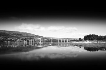 Black and white Norway bridge with reflection landscape hd