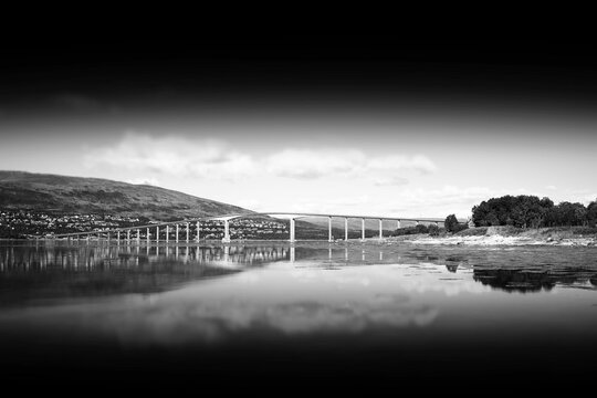 Black and white Norway bridge with reflection landscape hd