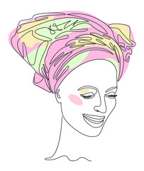 Silhouettes of the girl's head. Lady in a turban, scarf. Woman face in modern one line style. Solid line, contour for decor, posters, stickers, logo. Vector illustration.