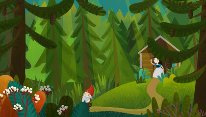cartoon scene with young princess and dwarf illustration