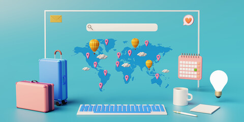 Booking hotels and airline tickets in online travel agency to go around the world on vacation © Vnoam3d
