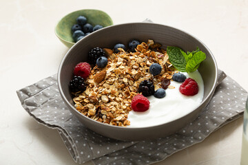 Close up of granola breakfast bowl with berries food